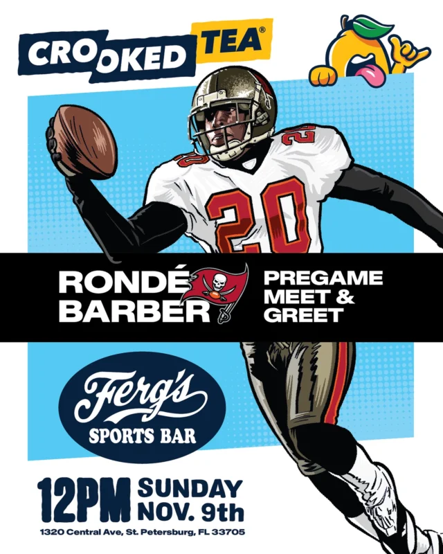 Rondé Barber x Crooked Tea at Ferg’s, 12PM Sunday. Pregame with a legend, and sip the tea that’s got Tampa tasting victory before kickoff 😉🏴‍☠️🥇