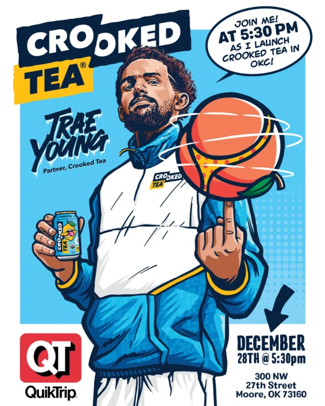 Oklahoma…it’s official. @traeyoung is pulling up to @quiktrip on the 28th at 5:30pm to launch Crooked Tea in his home state. Come kick it! 🏀🍋🍑