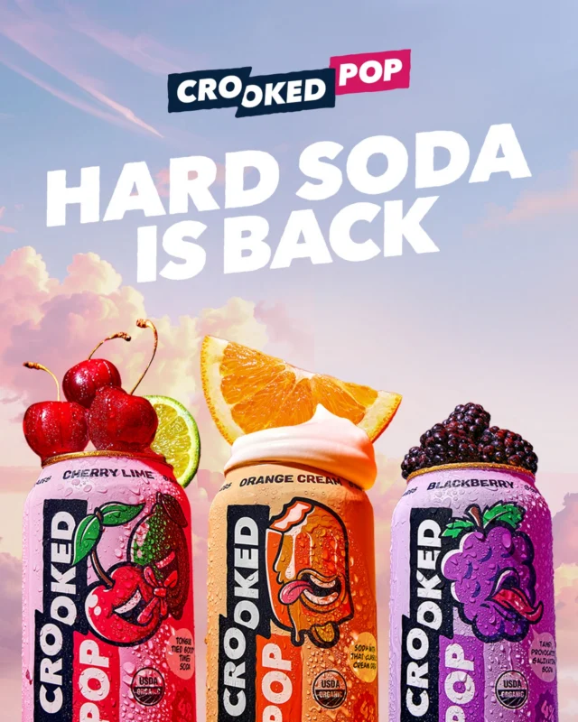 Introducing Crooked Pop 

We are proud to launch the first ever USDA Organic, zero sugar, full flavor hard soda made with organic superdry alcohol.
Cheers to hard soda being back & sexier than ever!
🥤🍊🍒🍋‍🟩💕☁️🍊✨