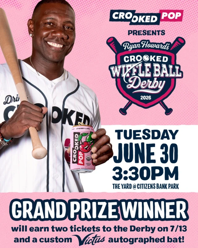 Twenty years after Ryan Howard won the Home Run Derby, he is hosting a derby of his own at Citizens Bank Park.

To commemorate the anniversary and celebrate Crooked Pop now being available at the ballpark, 12 contestants will compete in Ryan Howard’s Crooked Wiffle Ball Derby at The Yard on Tuesday, June 30.
Six spots are open to the public.

To enter, like this post, share with 3 friends, and comment which Crooked Pop flavor you would bring to the plate: Orange Cream, Blackberry or Cherry Lime.

Limit one Instagram entry per person. You can submit additional entries through the link in our bio.
Entries close at 11:59 p.m. ET on Wednesday, June 24. Six entrants will be selected at random and contacted on Thursday, June 25.

Selected entrants must be 21 or older, available to compete at 3:30 p.m. on June 30 and confirm their participation by 12:00 p.m. ET on Friday, June 26. If a selected entrant does not confirm by the deadline, an alternate may be selected.

Each selected contestant will receive two tickets to that evening’s Phillies game.
The grand prize winner will receive two tickets to the Derby at Citizens Bank Park on July 13 and a custom Victus bat autographed by Ryan Howard.

Tuesday, June 30
3:30 p.m.
The Yard at Citizens Bank Park

No purchase necessary. Official rules and entry details are available through the link in our bio.