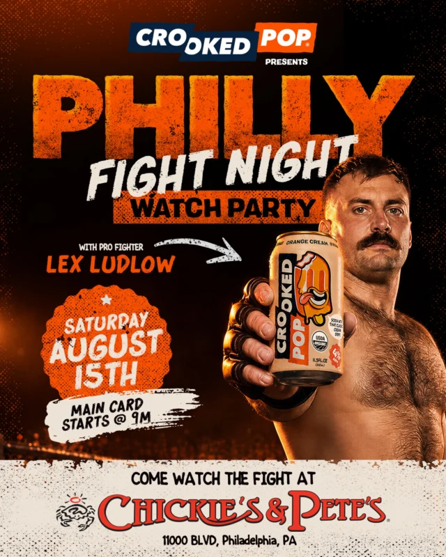 Prepare for punches to be thrown & Crooked Pops to be cracked🥤🥊

We’re teaming up with pro fighter Lex Ludlow for a Fight Night Watch Party at @chickiesandpetes !

📅 Saturday, August 15
🕘 Main Card starts at 9 PM
📍 11000 Blvd., Philadelphia, PA