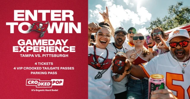 THE CROOKED GAMEDAY EXPERIENCE 🏈
 
One lucky winner and three friends are headed to Tampa Bay Buccaneers vs. Pittsburgh Steelers on October 18!
 
Prize includes:
🏈 4 game tickets
🎉 4 Crooked tailgate passes
🚘 1 parking pass
 
To enter:
✔️ Follow @drinkcrooked on Instagram
✔️ Like this giveaway post
✔️ Tag three (3) friends in the comments
✔️ Share this post to your Instagram Story and tag @drinkcrooked
 
Giveaway ends October 1, 2026 at 11:59 PM ET.
 
One winner will be selected at random and contacted via DM from @drinkcrooked.
 
—
 
Official Rules:
 
NO PURCHASE NECESSARY. A purchase will not increase your chances of winning.
 
Open only to legal residents of the United States who are 21 years of age or older at the time of entry.
 
The Sweepstakes begins on September 1, 2026 and ends on October 1, 2026 at 11:59 PM Eastern Time.
 
To enter, participants must follow @drinkcrooked on Instagram, like the official giveaway post, tag three (3) friends in the comments, and share the post to their Instagram Story.
 
One (1) winner will receive one (1) prize package consisting of four (4) tickets to the Tampa Bay Buccaneers vs. Pittsburgh Steelers game on October 18, 2026, and four (4) tailgate passes to the Crooked Tailgate.
 
The winner will be selected in a random drawing from all eligible entries received during the promotion period.
 
Odds of winning depend on the number of eligible entries received.
 
Void where prohibited by law.
 
Sponsored by Crooked Pop. Tampa Bay Buccaneers is not a sponsor or administrator of this Sweepstakes.  All inquiries regarding the Sweepstakes should be directed to the Sponsor.
 
This promotion is in no way sponsored, endorsed, administered by, or associated with Instagram.